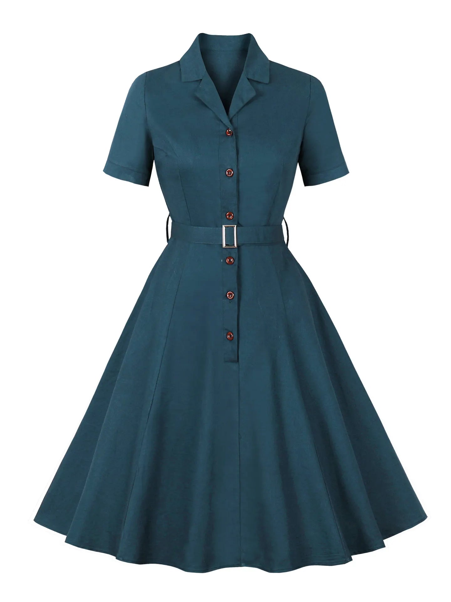 Lapel Short Sleeve Button Front Belted Vintage Swing Midi Dress