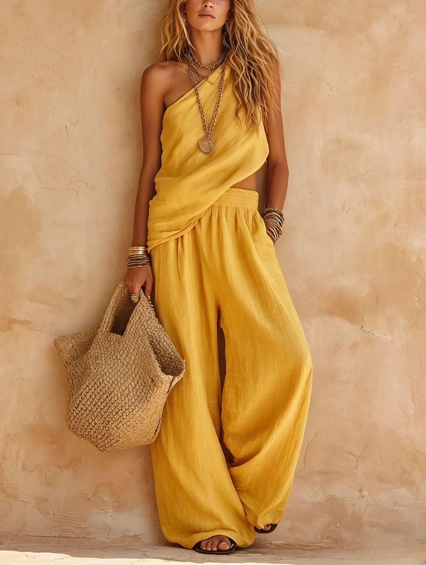 Diagonal Halter Wrap Top + Elastic Wide Leg Pants Two-piece Set