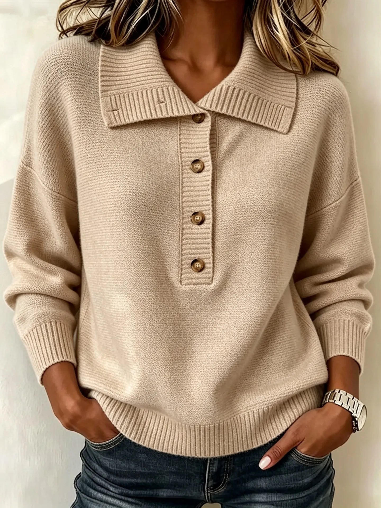 Casual Lapel Collar Knit Pullover, Soft Loose Fit Half Button Long Sleeve Sweater for Fall Winter