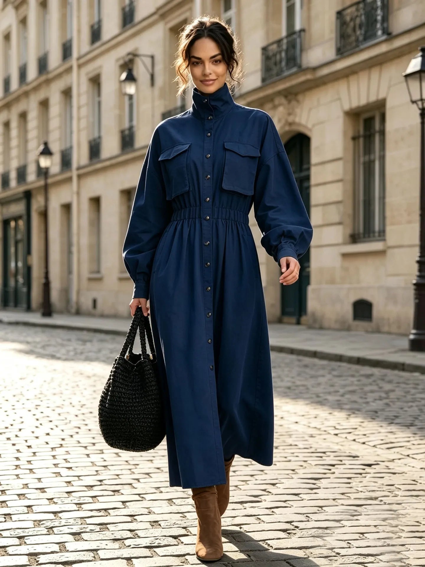 Ladies High Neck Button Down Midi Dress Long Sleeve Chest Pockets Cinched Waist Brown Autumn Dress