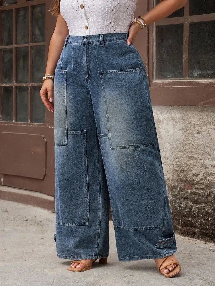 Plus Size Patch Pocket Wide Leg Jeans