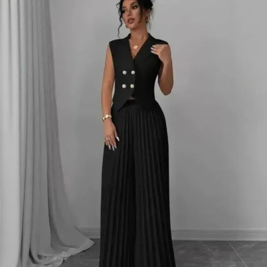 2 Piece Set Blazer Vest & Pleated Wide Leg Pants Outfit