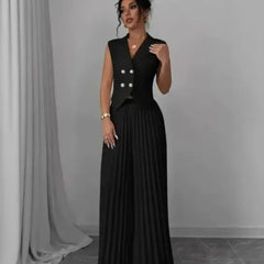 2 Piece Set Blazer Vest & Pleated Wide Leg Pants Outfit