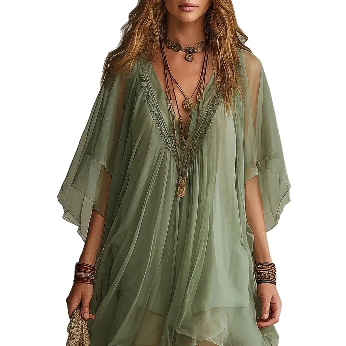 Deep V Neck Sheer Five-Quarter Sleeve Loose Irregular Hem Chiffon Mini Dress