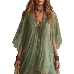 Deep V Neck Sheer Five-Quarter Sleeve Loose Irregular Hem Chiffon Mini Dress