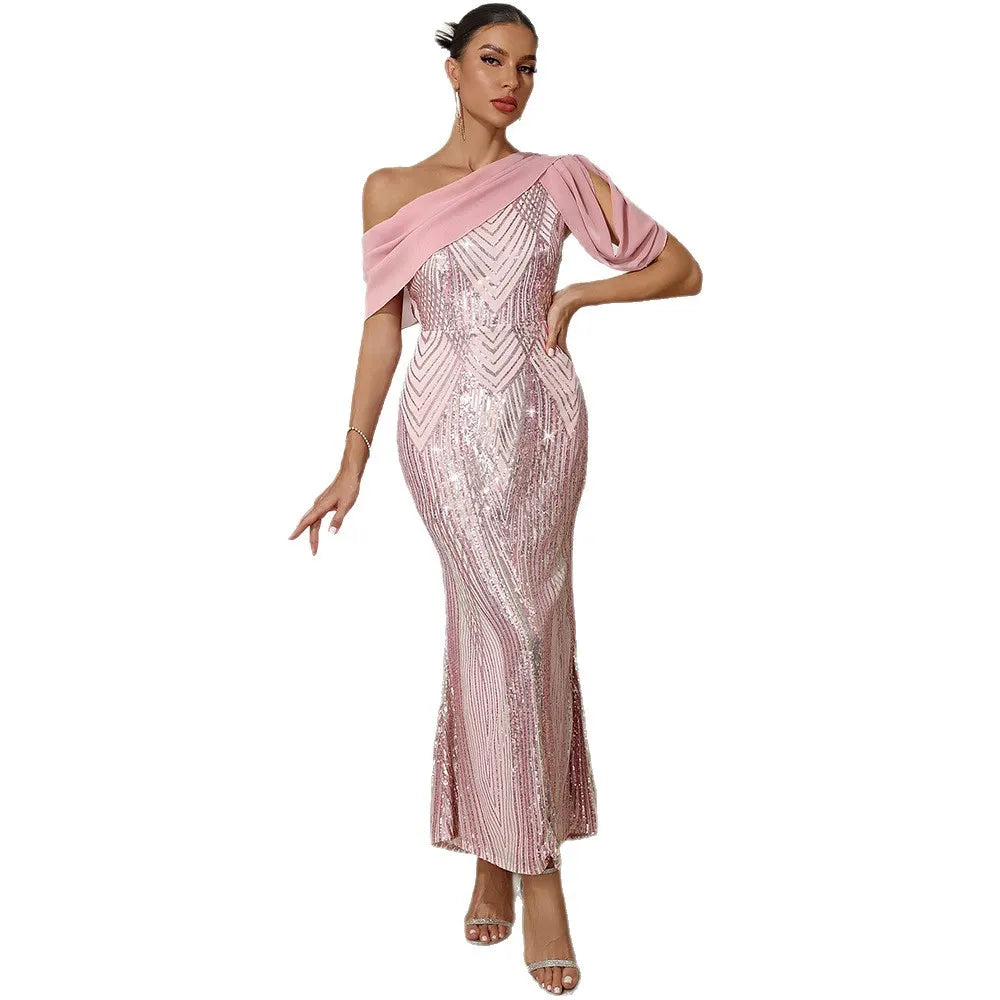One Shoulder Sequin Mermaid Evening Gown