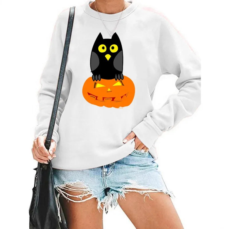 Halloween Owl Pumpkin Print Crew Neck Sweatshirt