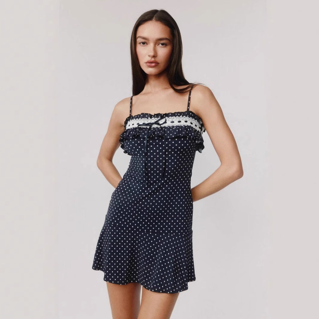 Navy Polka Dot Lace Trim Mini Dress