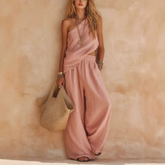 Diagonal Halter Wrap Top + Elastic Wide Leg Pants Two-piece Set