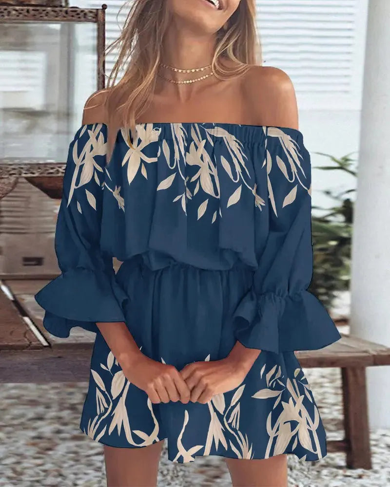 Off-the-Shoulder Ruffle Mini Dress, Floral Print Bell Sleeve Summer Dress