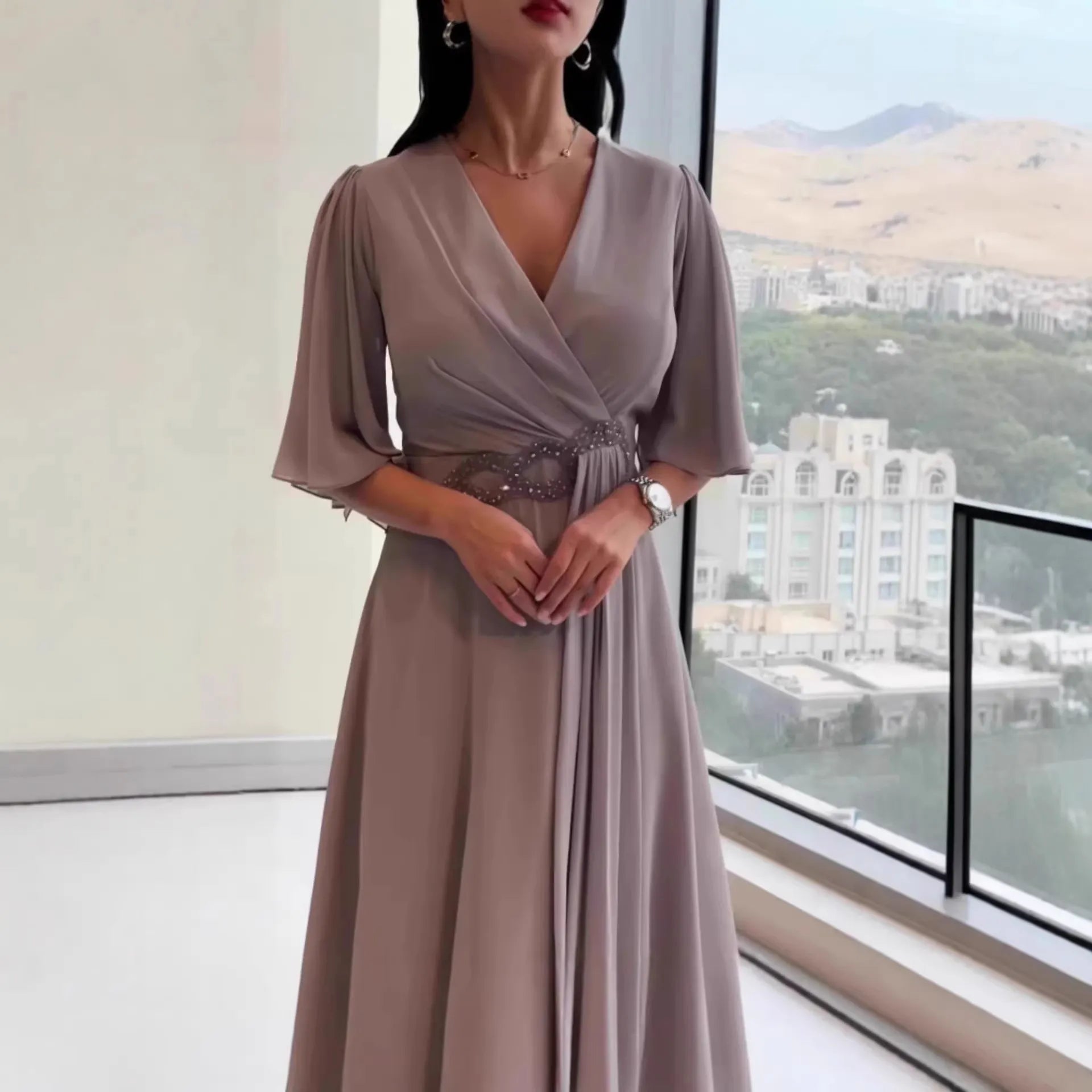 V-Neck Flared Sleeve Wrap Chiffon Maxi Dress