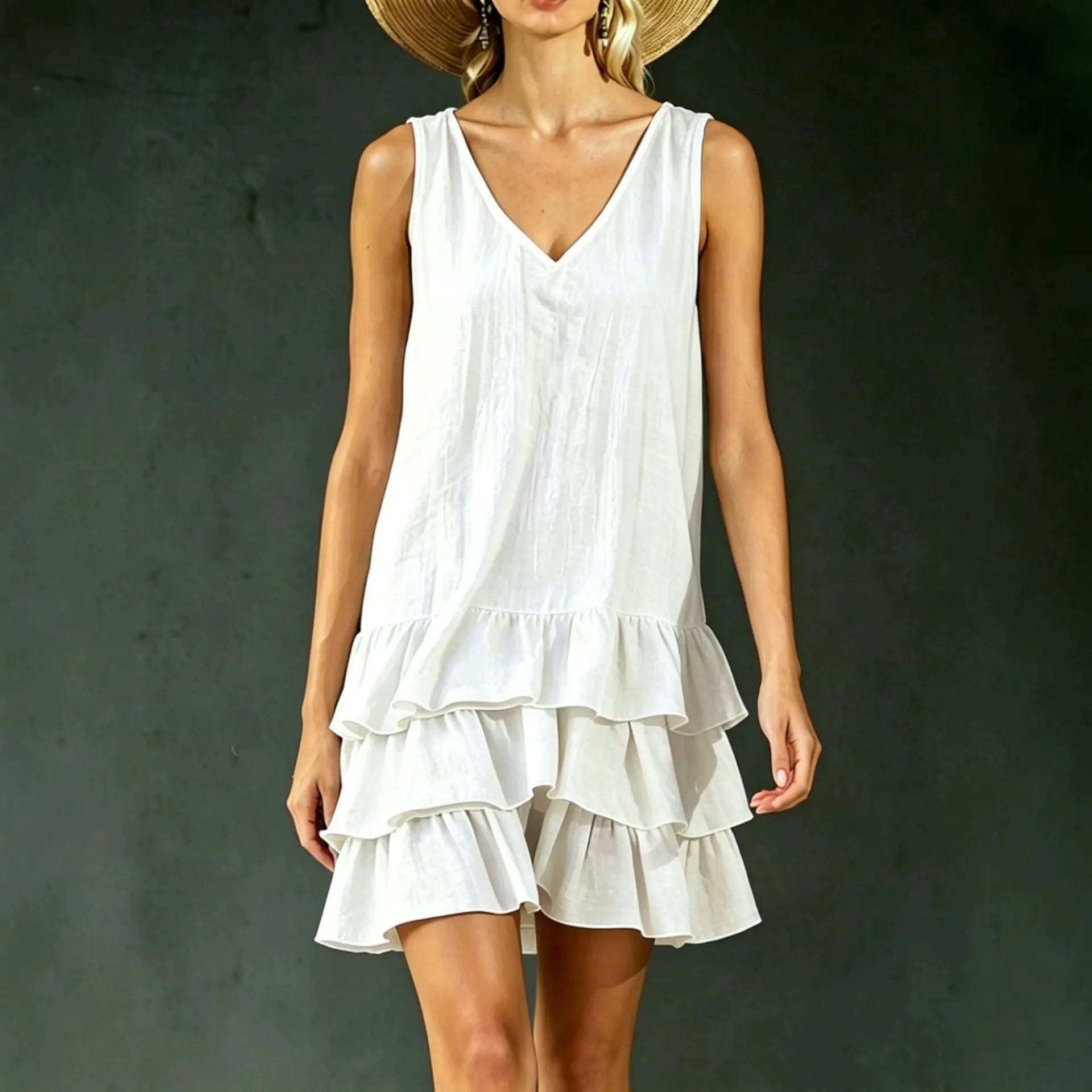 Solid V-Neck Sleeveless Layered Ruffle Spliced Straight Loose Mini Dress
