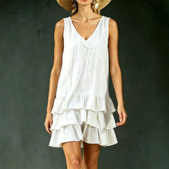 Solid V-Neck Sleeveless Layered Ruffle Spliced Straight Loose Mini Dress