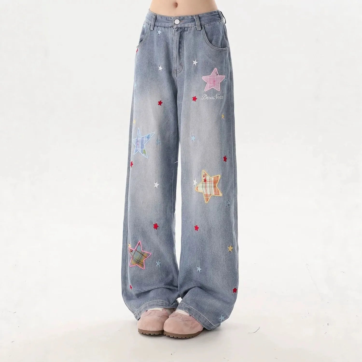 High Waist Star Patch Wide Leg Long Jeans
