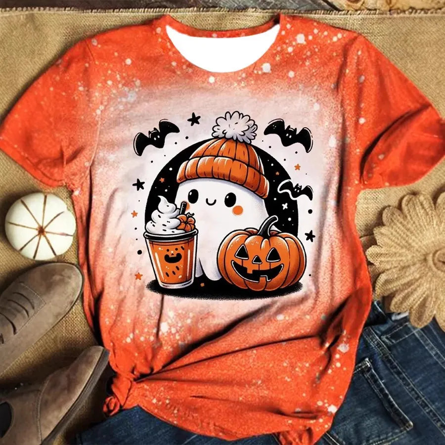 Halloween Floral Ghost Print Crew Neck Short Sleeve T‑Shirt