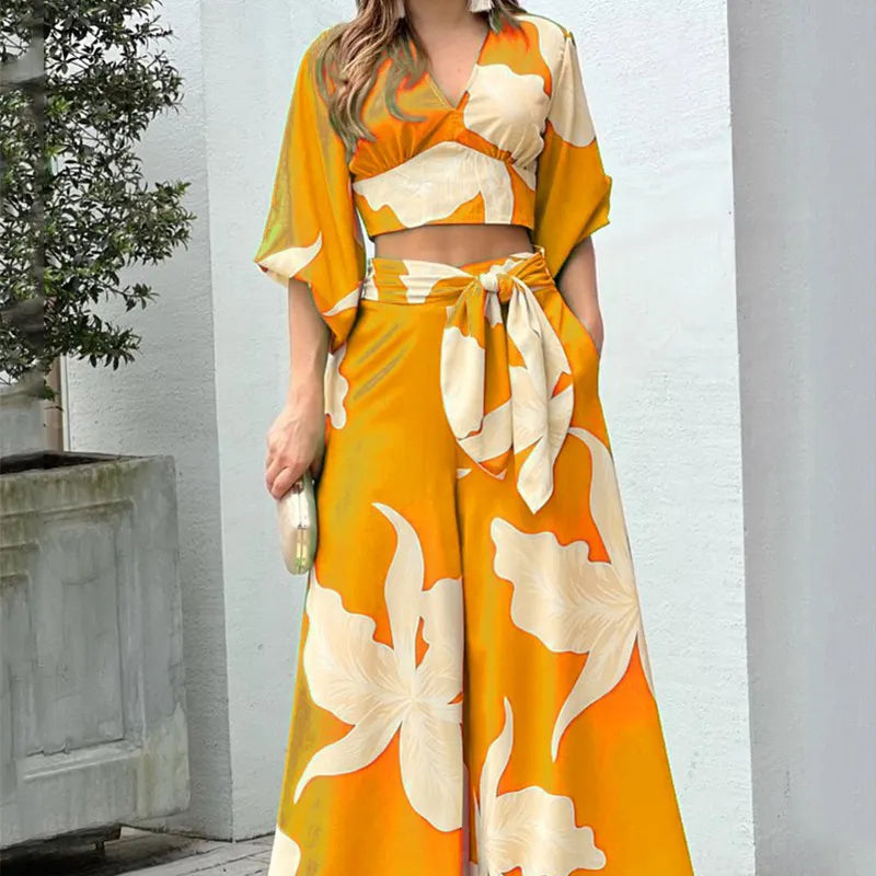 Floral Print V Neck Tie Crop Top & Wide Leg Pants Two Piece Set