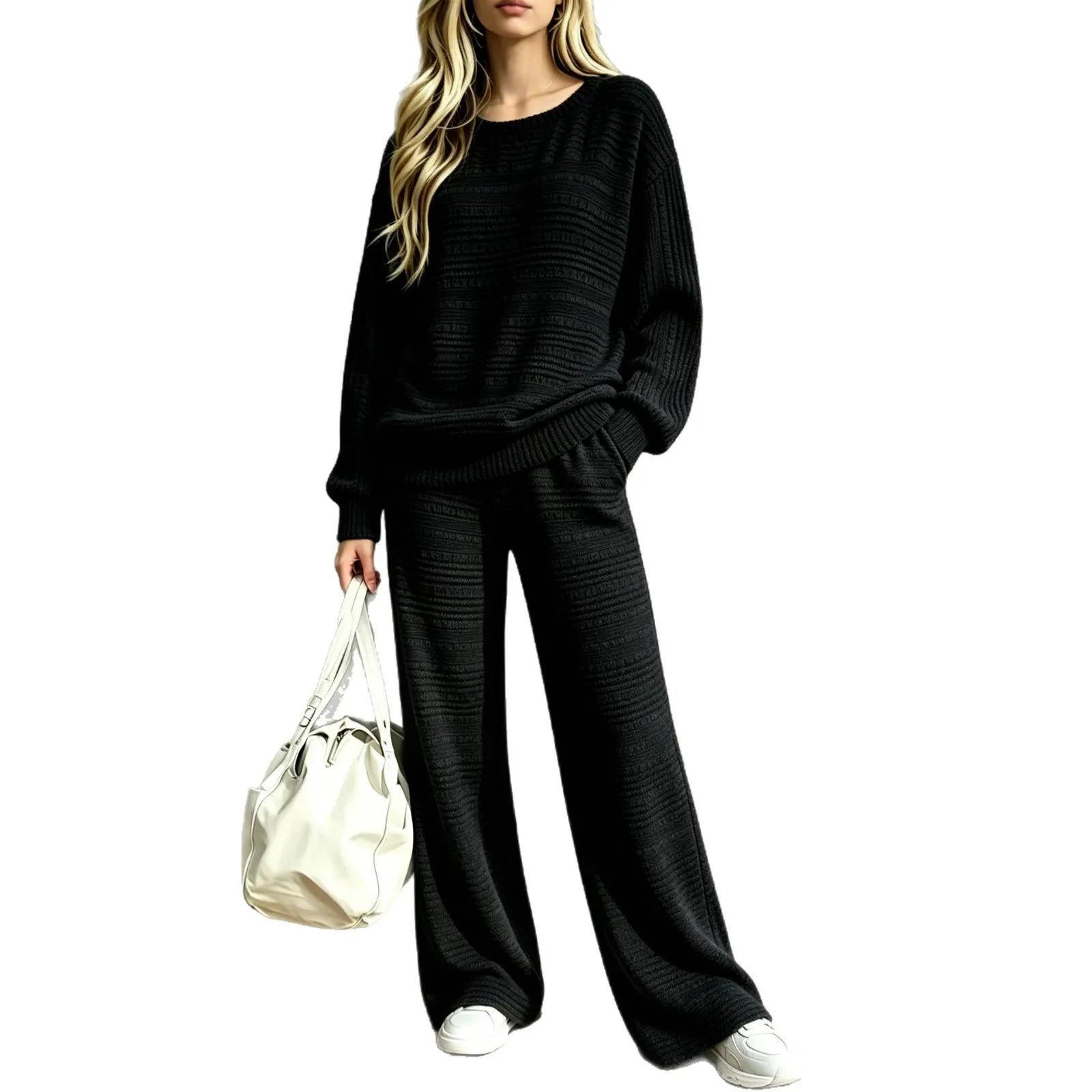 Cozy Striped Knit Matching Set, Long Sleeve Top + Wide Leg Trousers Casual Outfit