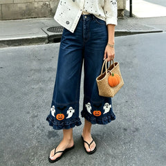 Halloween Ghost Pumpkin Ruffle Cropped Wide Leg Jeans