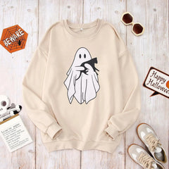 Halloween Pink Ghost On Wednesdays We Wear Pink Print Crew Neck Sweatshirt