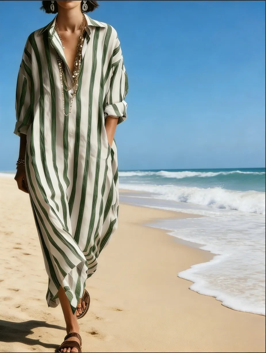 Striped Oversized Lapel Shirt Maxi Dress