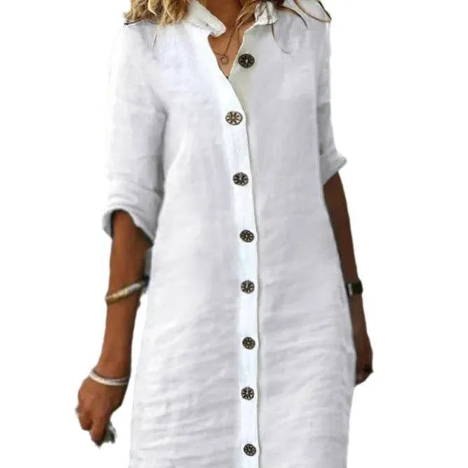 Cotton Linen Button-Front Shirt Dress