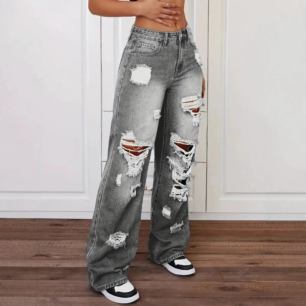 High Waist Ripped Wide Leg Jeans