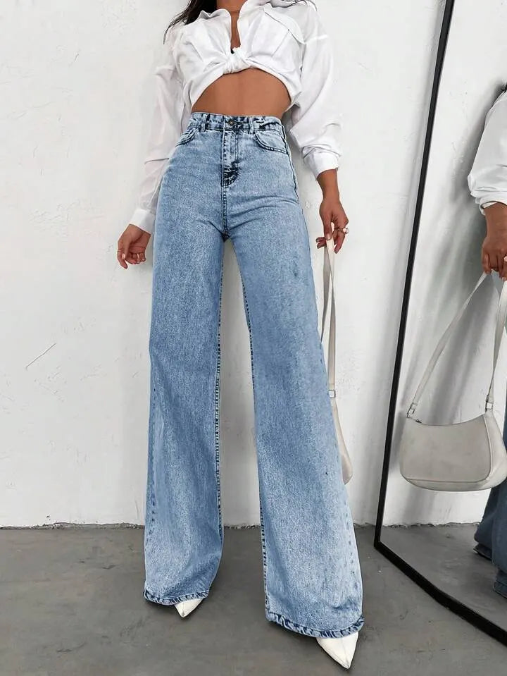 Acid Wash High Waist Wide Leg Denim Jeans
