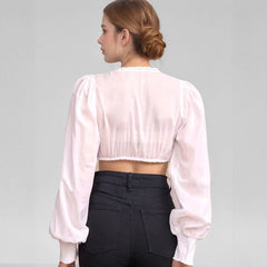 V-Neck Lace Trim Puff Long Sleeve Cropped Button Down Blouse