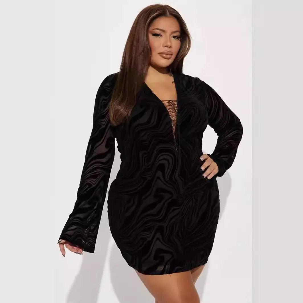 Wave Print Mesh Long Sleeve Deep V Lace Up Bodycon Mini Dress