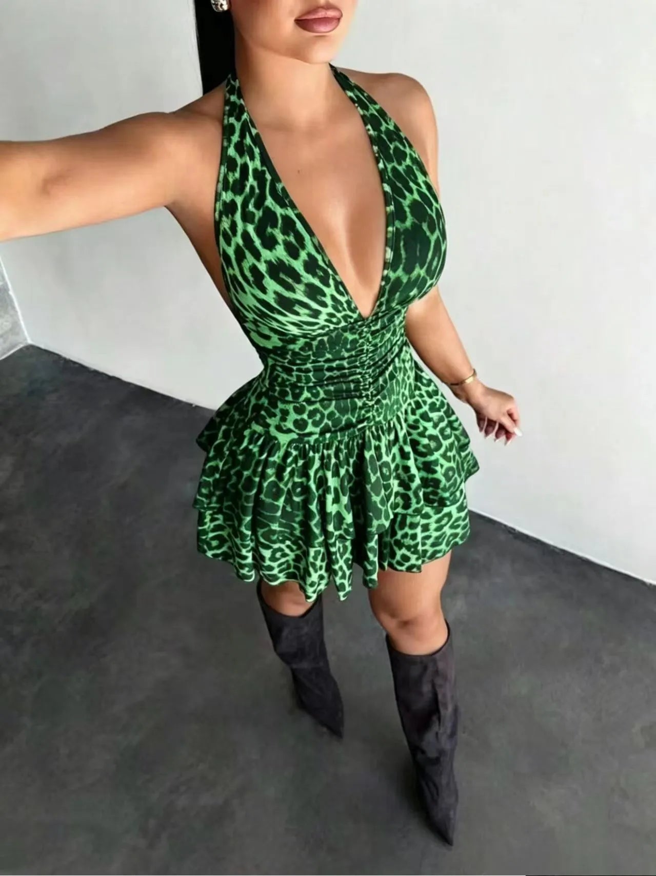 Leopard Print Deep V-Neck Halter Ruched Ruffle Mini Dress