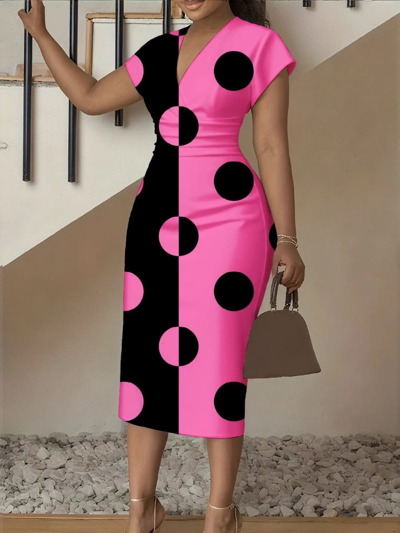 3D Stereoscopic Color Block Deep V-Neck Bodycon Midi Dress