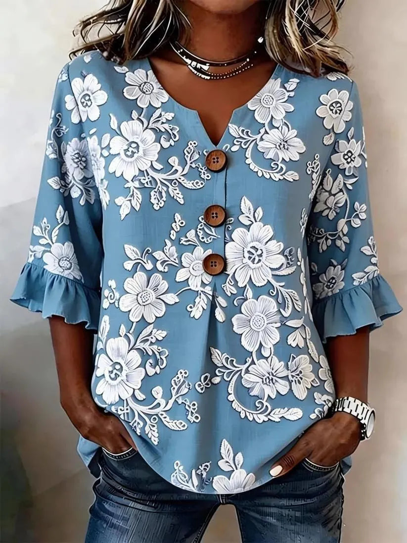 Round Neck Floral Printed Single Breasted 3/4 Ruffle Sleeve Loose Blouse