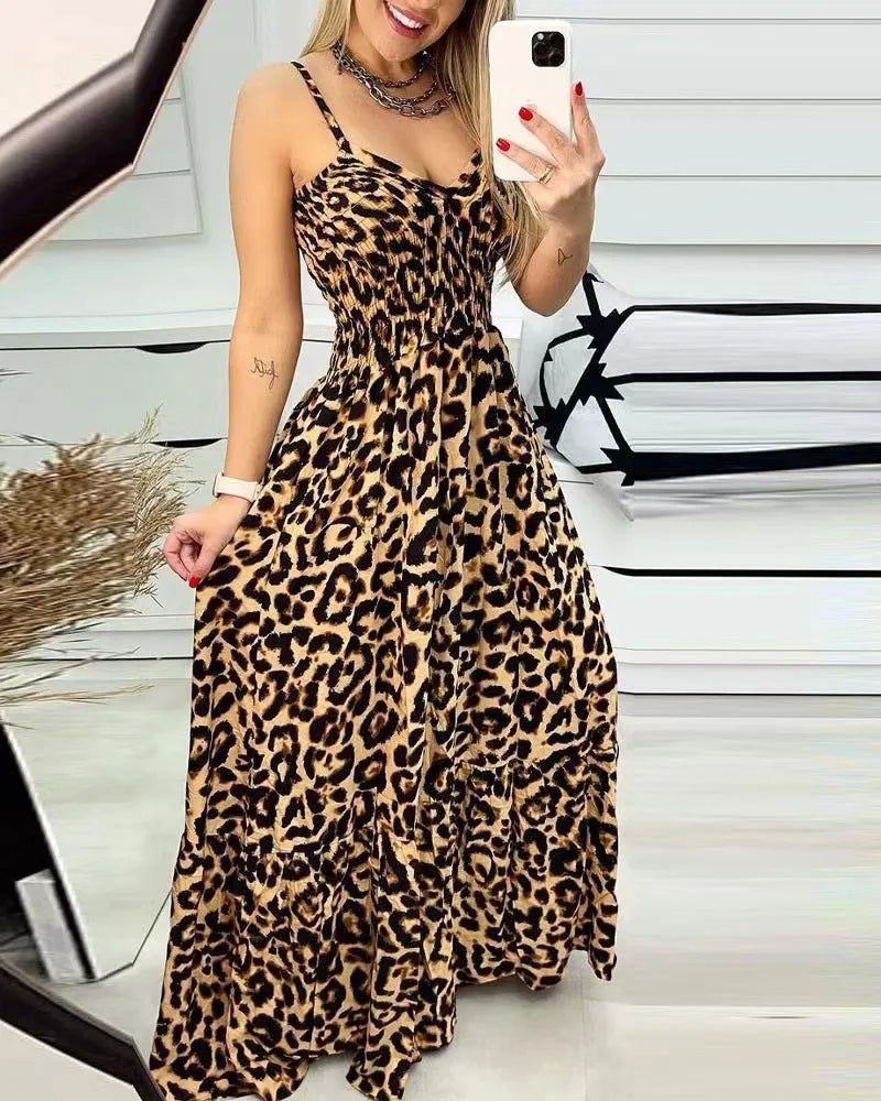 Leopard Print Smocked Waist Maxi Dress