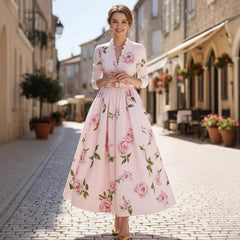 Ruffle Neck 3/4 Sleeve Belted Swing Dress