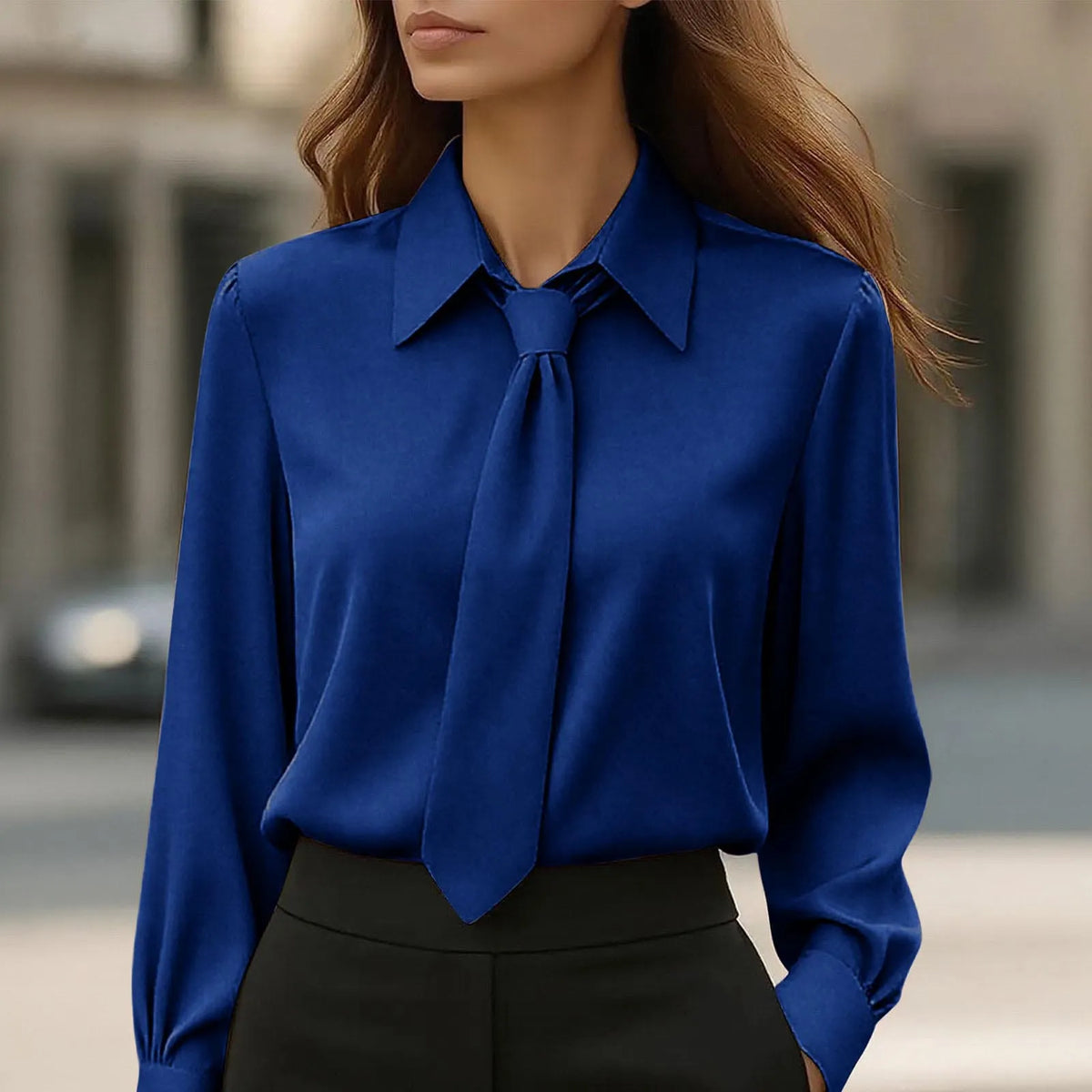 Lapel Tie Neck Solid Soft Satin Long Sleeve Commuter Blouse