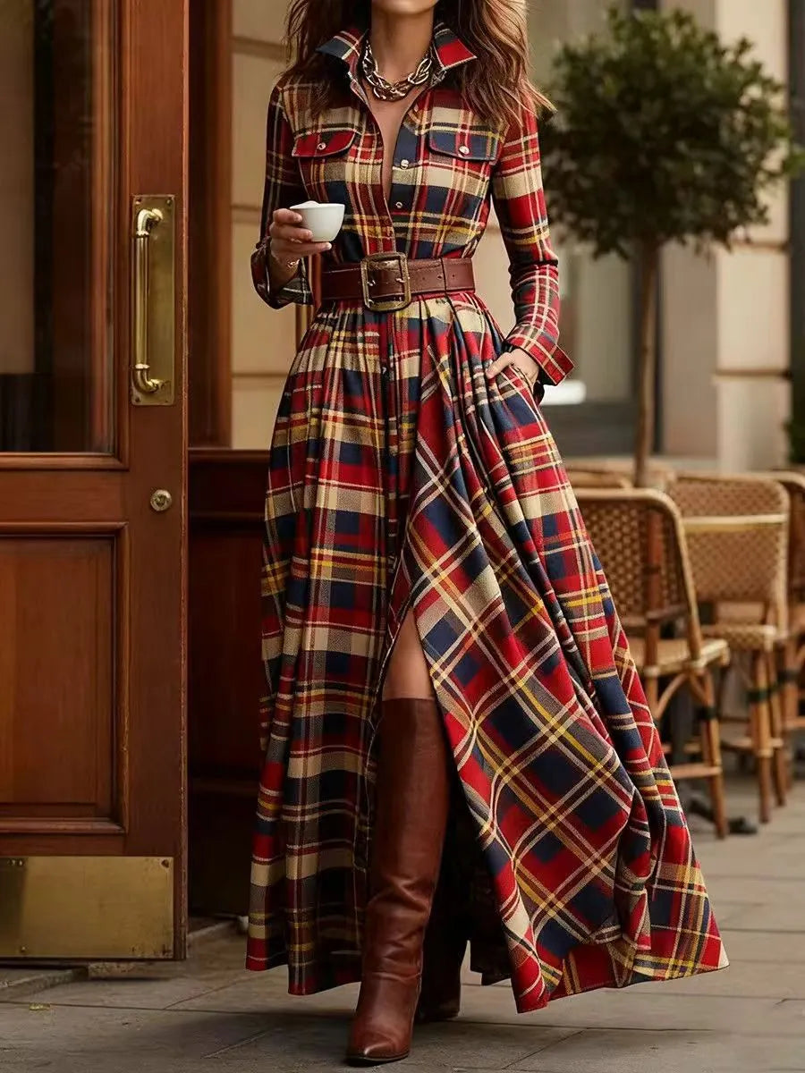 Vintage Western Tartan Plaid Maxi Dress for Collared Long Sleeve Flowy A Line Shirt Dress