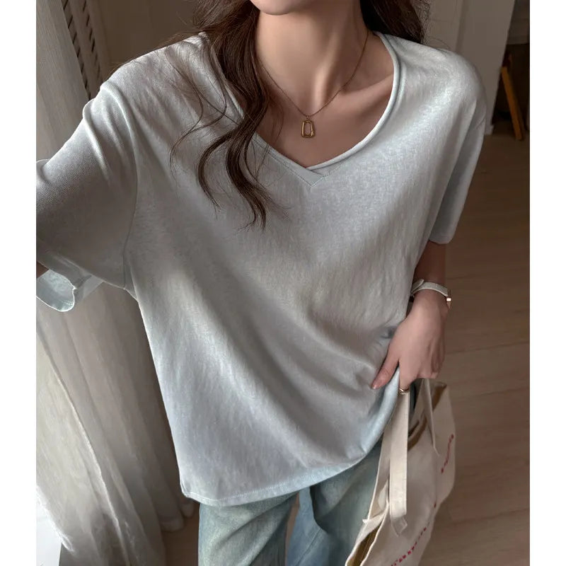 Solid Color V-Neck Dropped Shoulder Loose Fit T-Shirt
