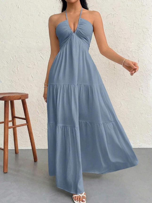 White Halter V-Neck Tiered Maxi Dress