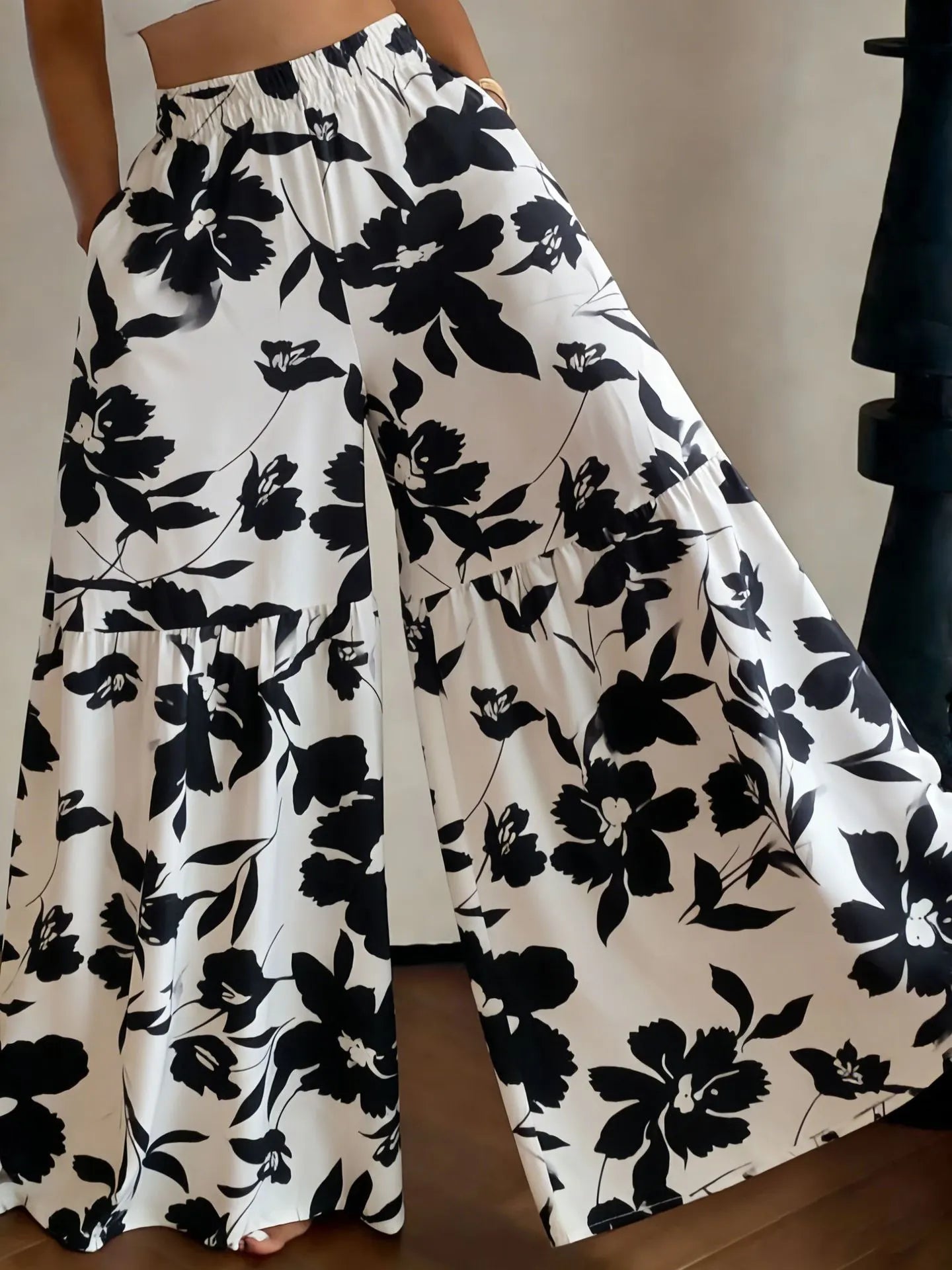 Elastic High Waist Floral Print Ruffle Wide Leg Palazzo Pants