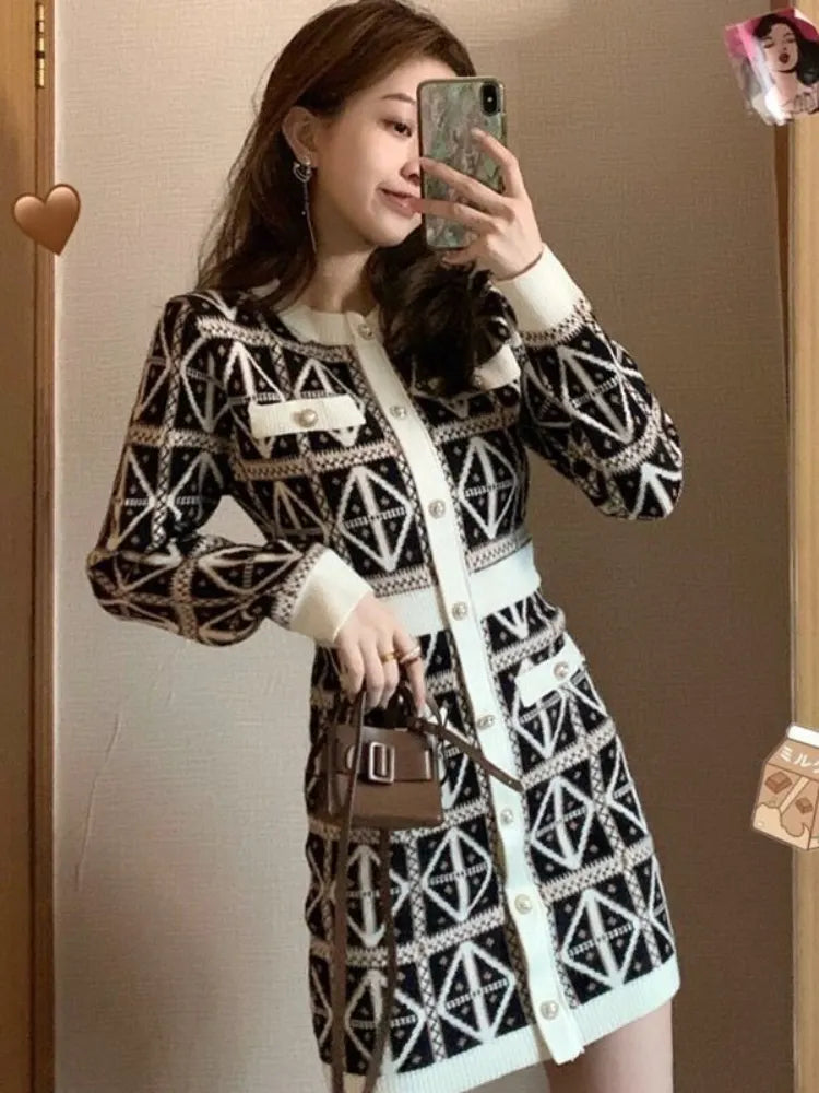 Geometric Pattern Knit Mini Dress