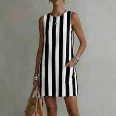 Round Neck Sleeveless Vertical Stripe Linen Mini Dress