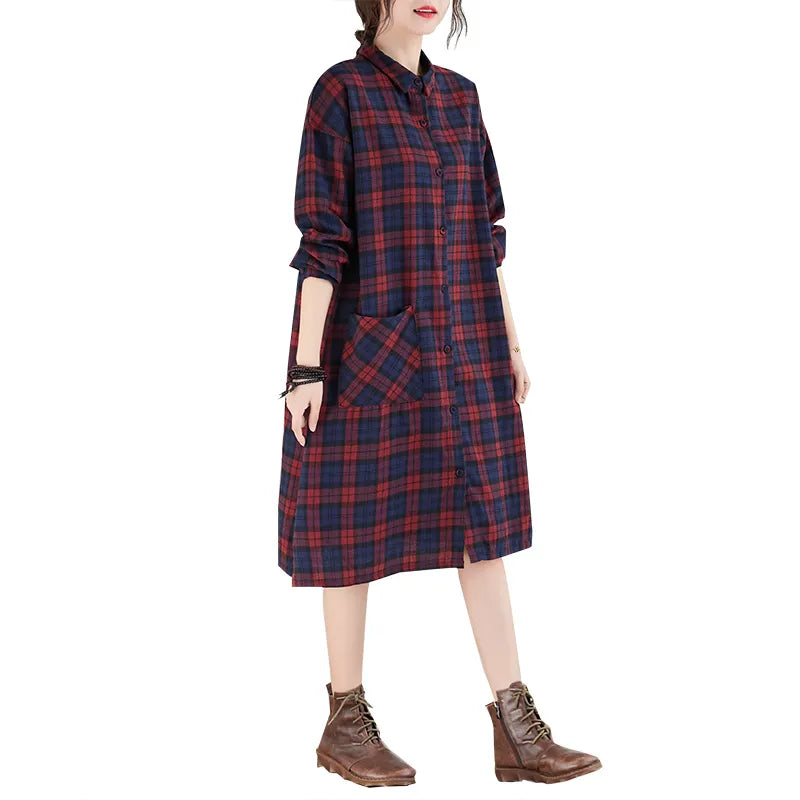 Loose Plaid Cotton Shirt Midi Dress