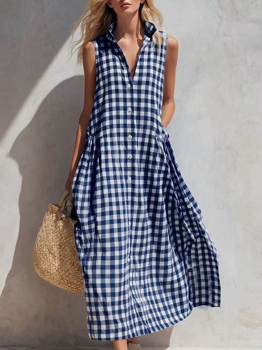 Stand Collar Sleeveless Gingham Pocket Linen Maxi Dress