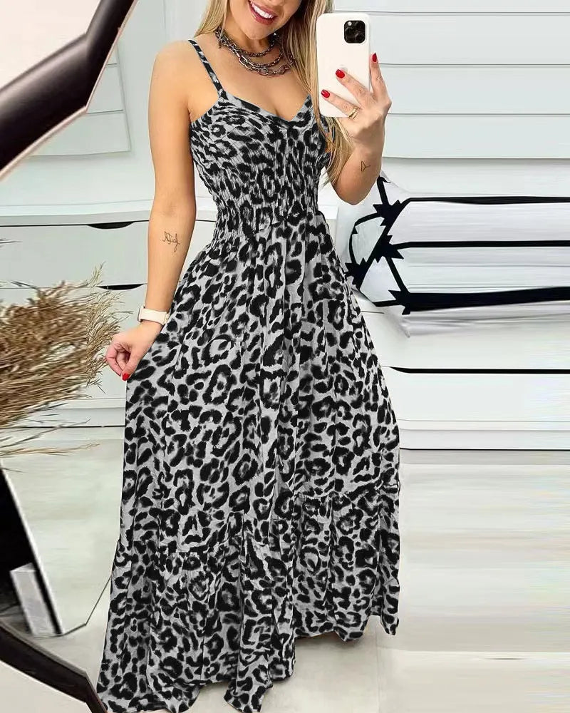 Leopard Print Smocked Waist Maxi Dress