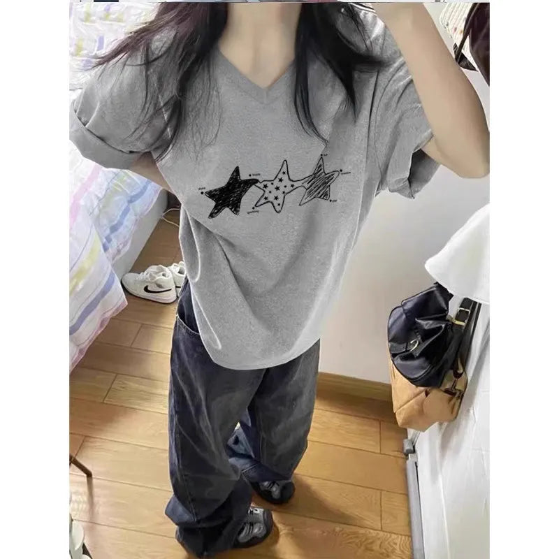 V Neck Pentagram Print Loose Pure Cotton Short Sleeve Casual T-shirt