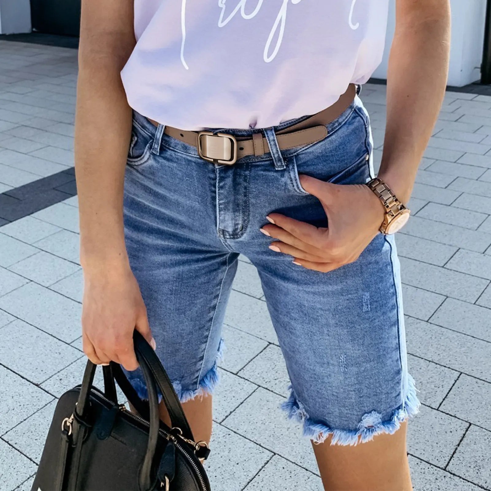 Frayed Raw Hem Denim Bermuda Shorts