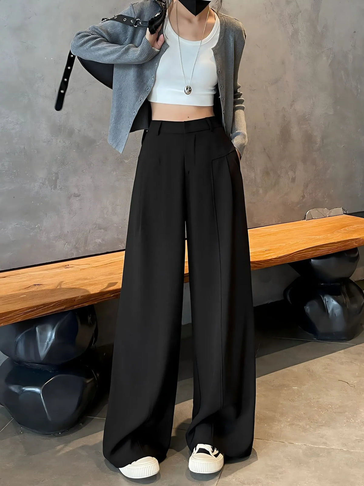 Matching Flowy Linen Look Mid Waist Pleated Wide Leg Straight Commuter Casual Long Pants