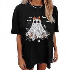 Halloween Lace Ghost Bow Print Crew Neck Short Sleeve T‑Shirt