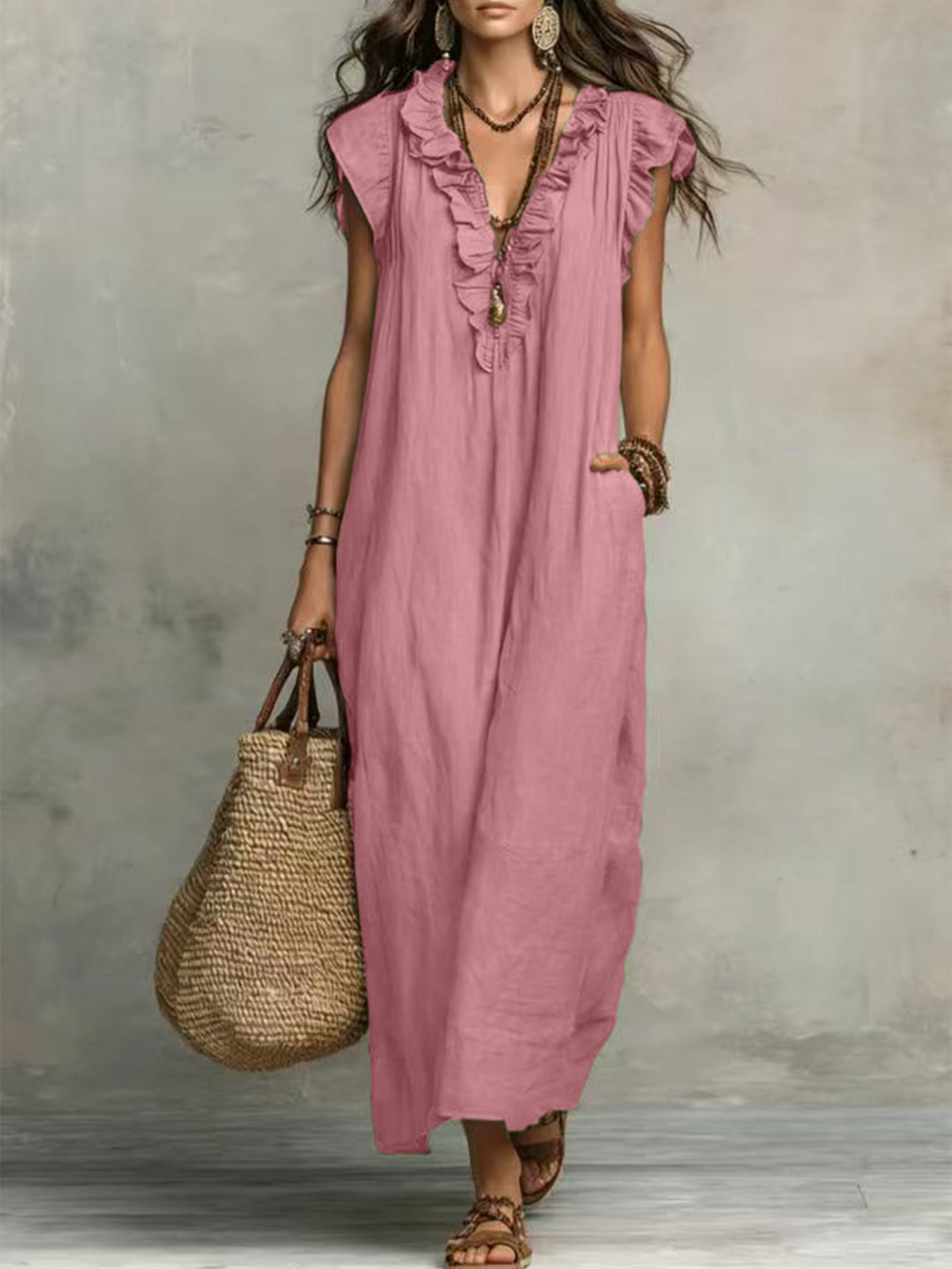 Ruffle-Trimmed Linen-Blend Maxi Dress