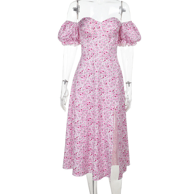 Off Shoulder Puff Sleeve Ditsy Floral Slit Midi Dress
